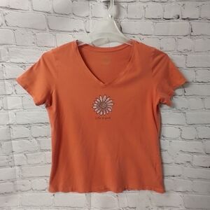 Life is Good V Neck Short Short Sleeve Mauve Flower Graphic Lounge Tee Shirt Med